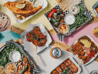 The image is a vibrant, overhead flat lay shot displaying a diverse spread of take-out and street food, likely representing offerings from a food hall, food truck gathering, or a shared kitchen concept.