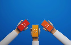Three hands holding smartphones with different emojis: one sad, one happy, and one neutral, on a blue background
